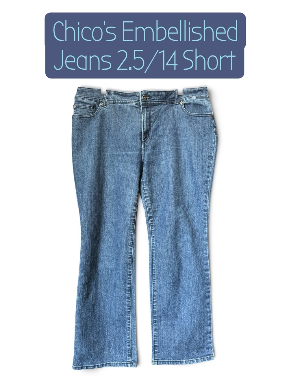 Chico's Blue Denim Embellished Pocket Straight Jeans 2.5 14
